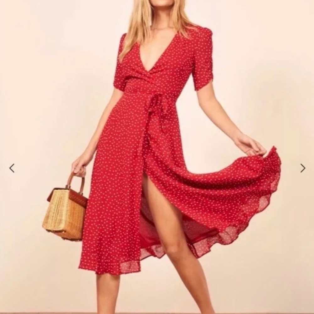 Reformation Red and White Midi Dress
